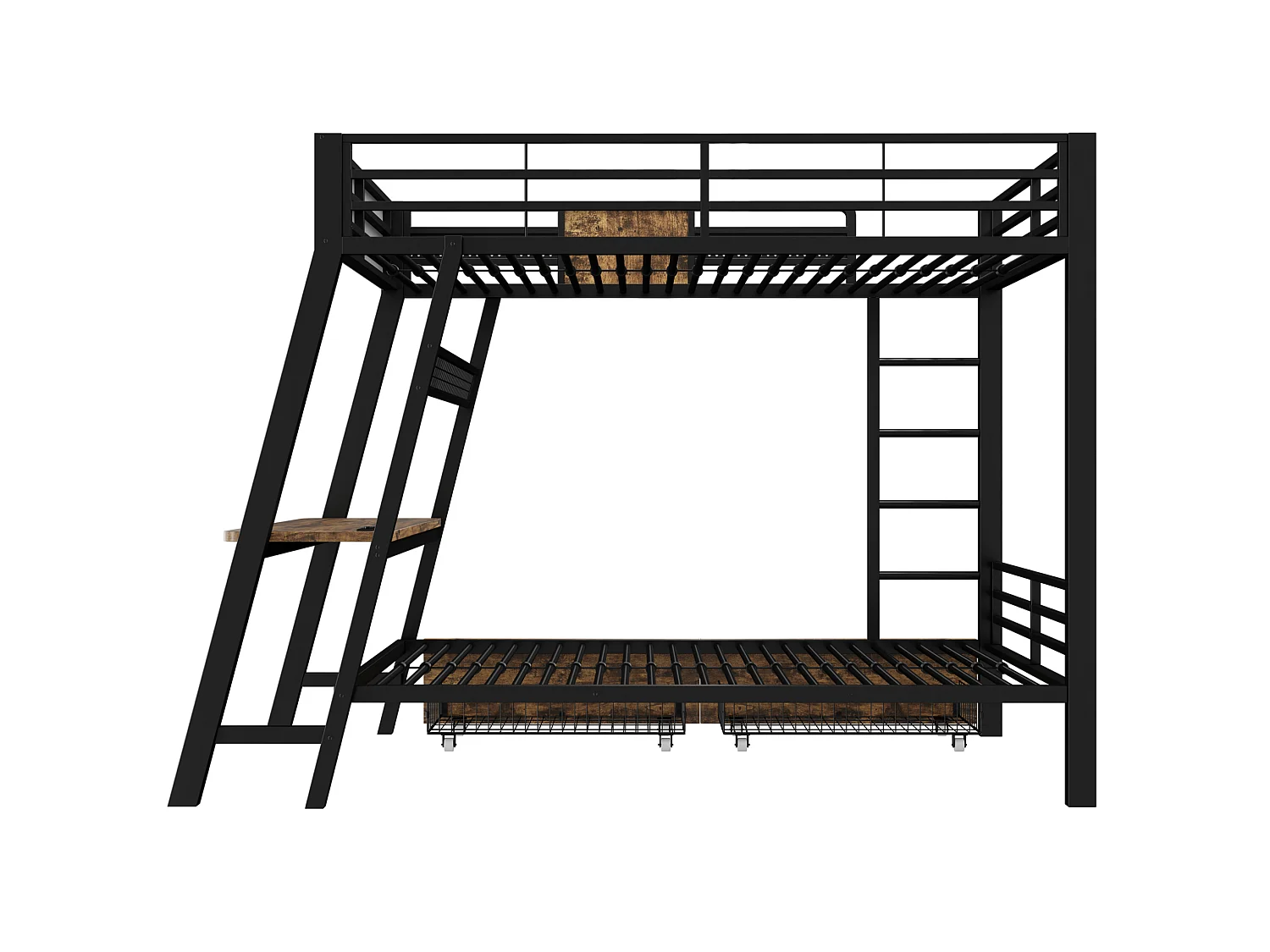 Lit superposé enfant 90x200 cm avec bureau, USB , 2 tiroirs et LED - Métal noir