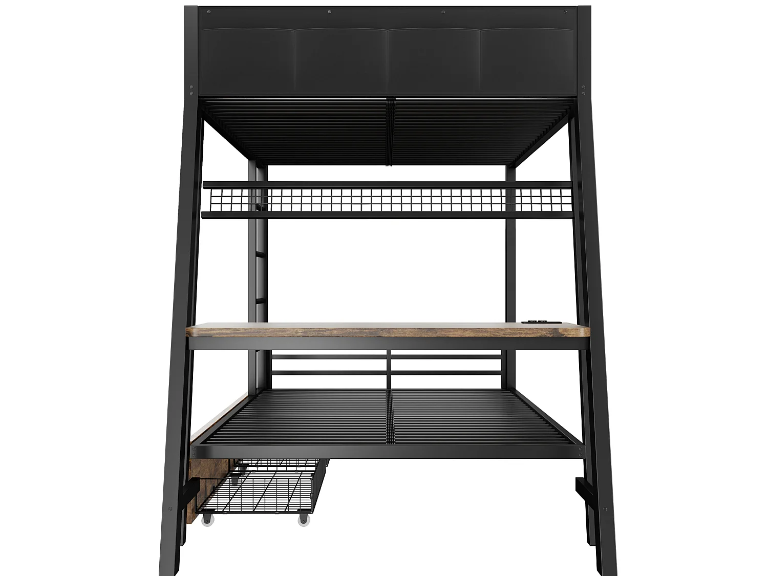 Lit superposé enfant 90x200 cm avec bureau, USB , 2 tiroirs et LED - Métal noir