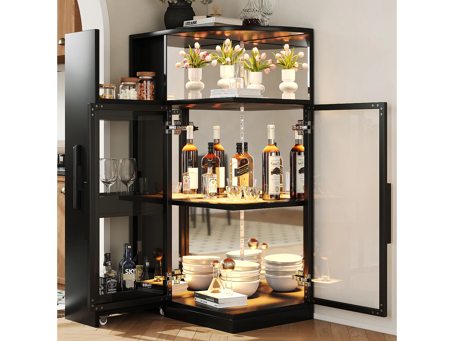 Vitrine em vidro 64x42x112 cm com iluminação LED e 2 portas - Preto