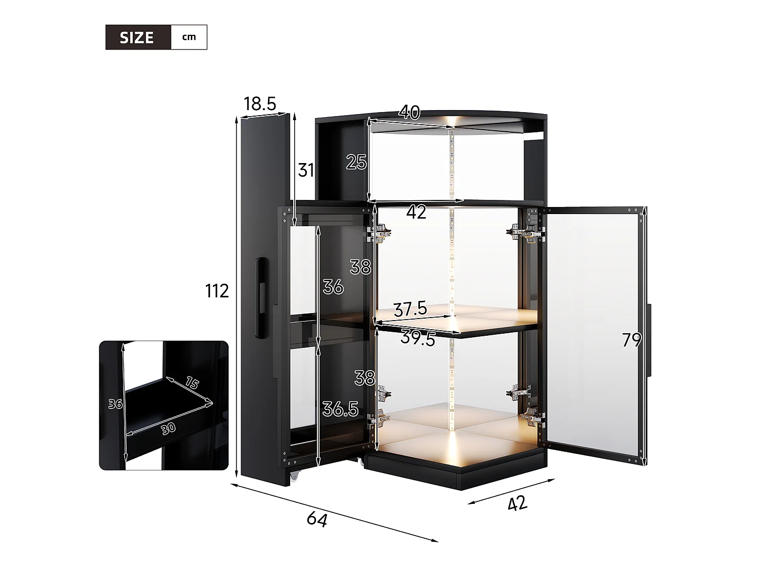 Vitrine em vidro 64x42x112 cm com iluminação LED e 2 portas - Preto