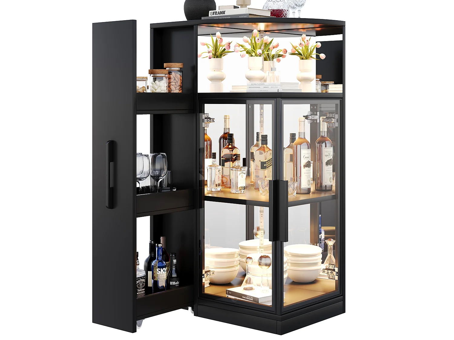 Vitrine em vidro 64x42x112 cm com iluminação LED e 2 portas - Preto