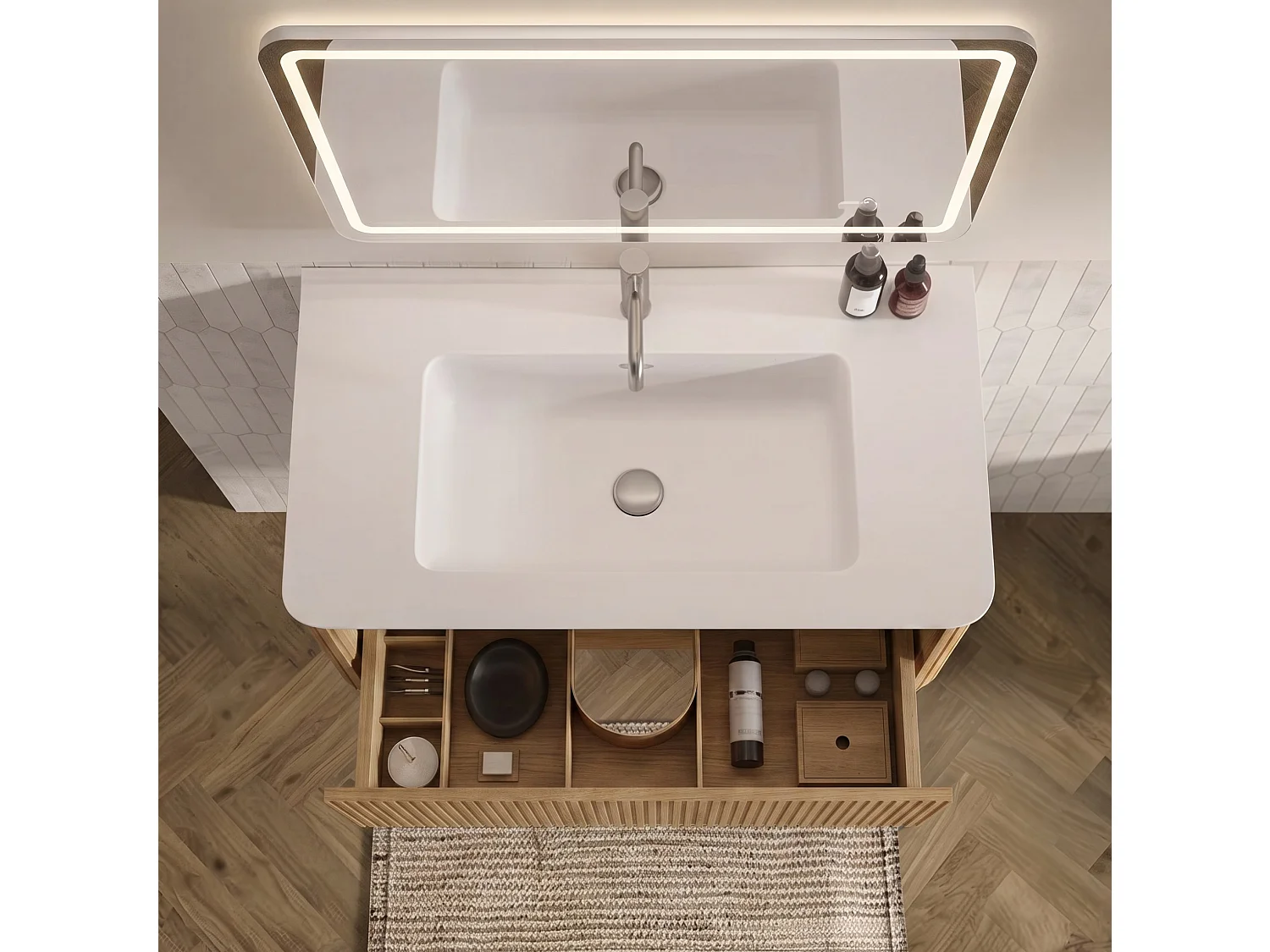 Meuble de salle de bain suspendu avec vasque à encastrer et colonne - Naturel clair