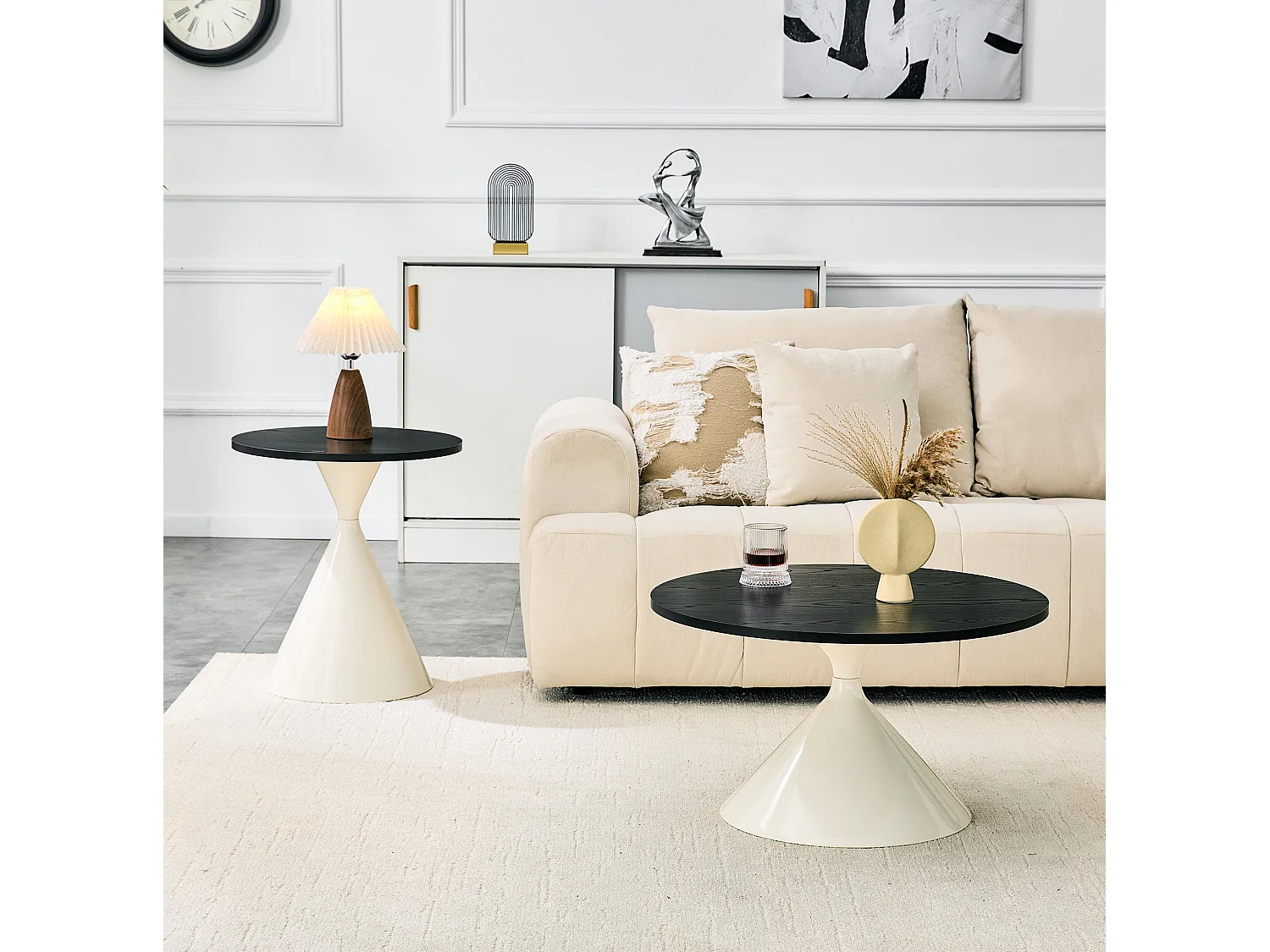 Set di 2 tavolini, 70 cm e 50 cm, con gambe in metallo color crema - Nero