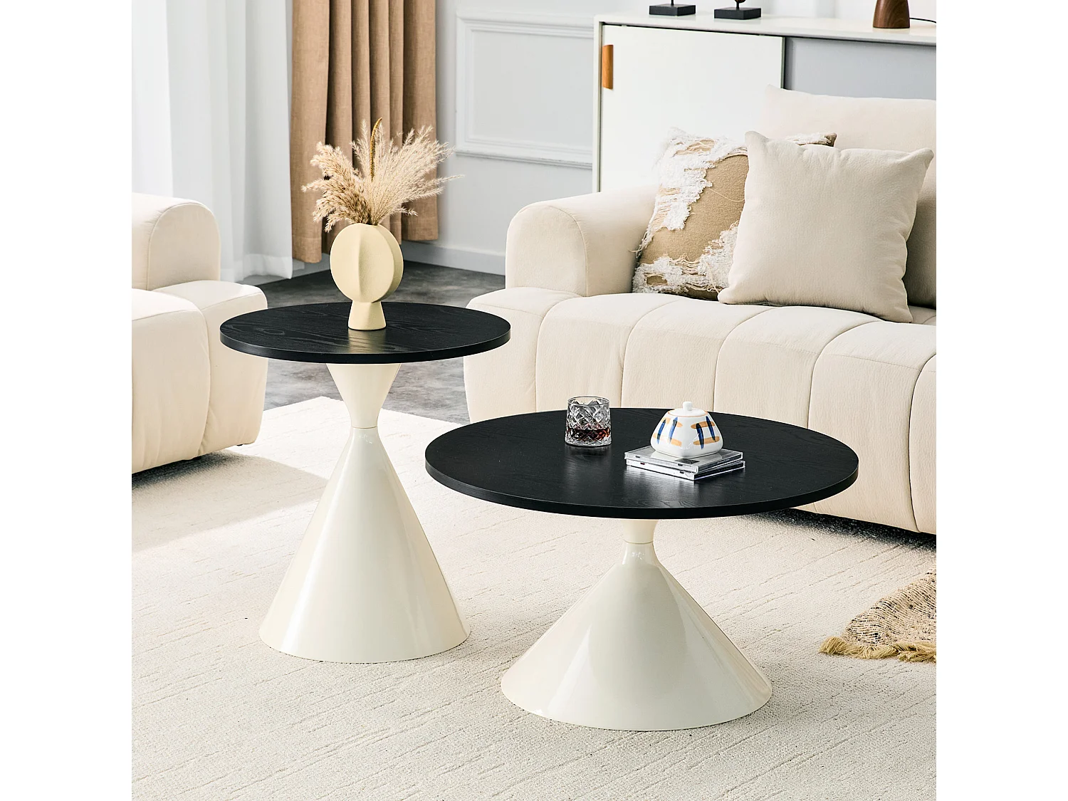 Set di 2 tavolini, 70 cm e 50 cm, con gambe in metallo color crema - Nero