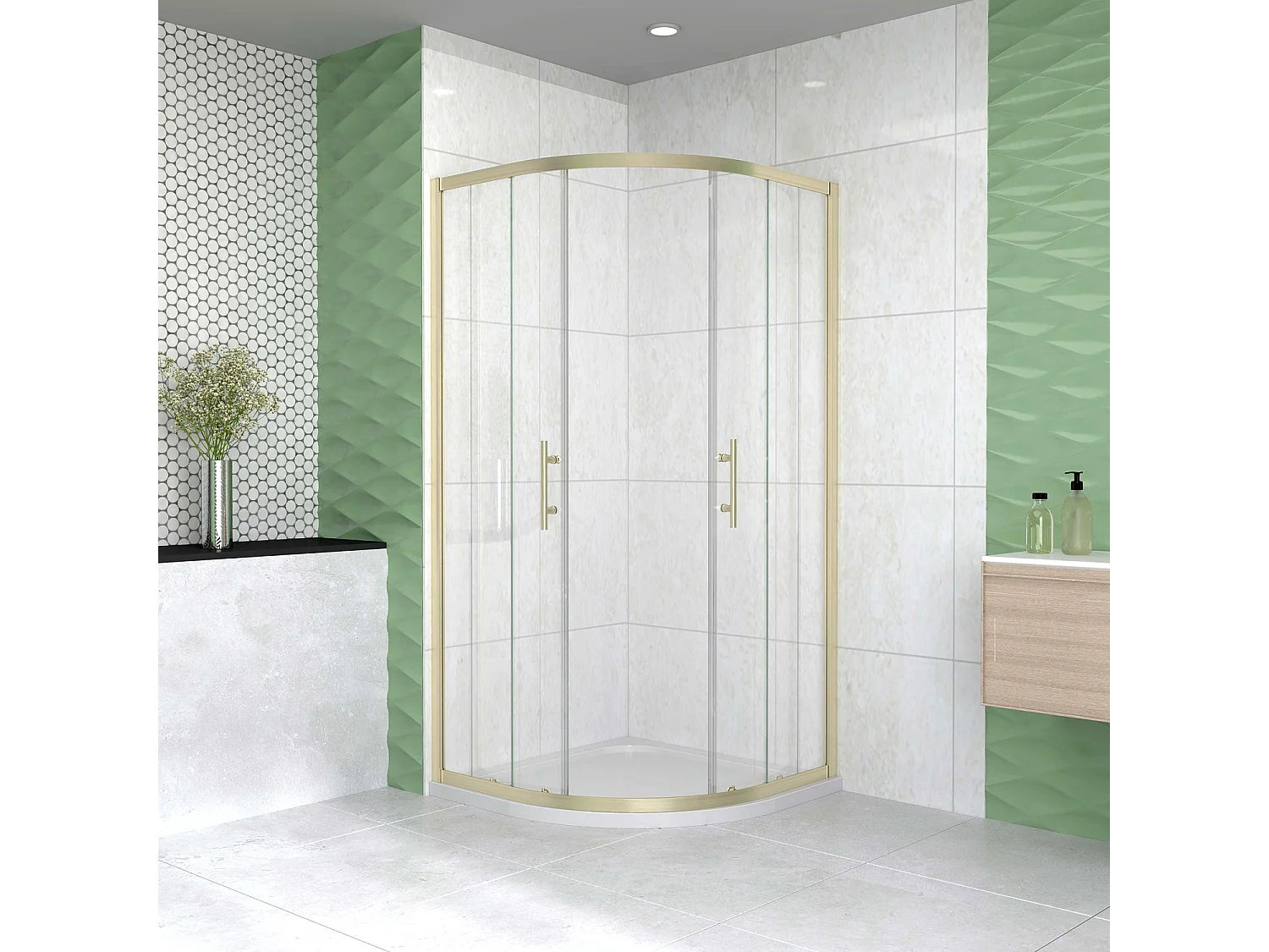 Box Doccia Semicircolare 90X90 cm Porte Scorrevoli Vetro Temperato 6 mm Trasparente Anticalcare Oro Spazzolato 190 cm