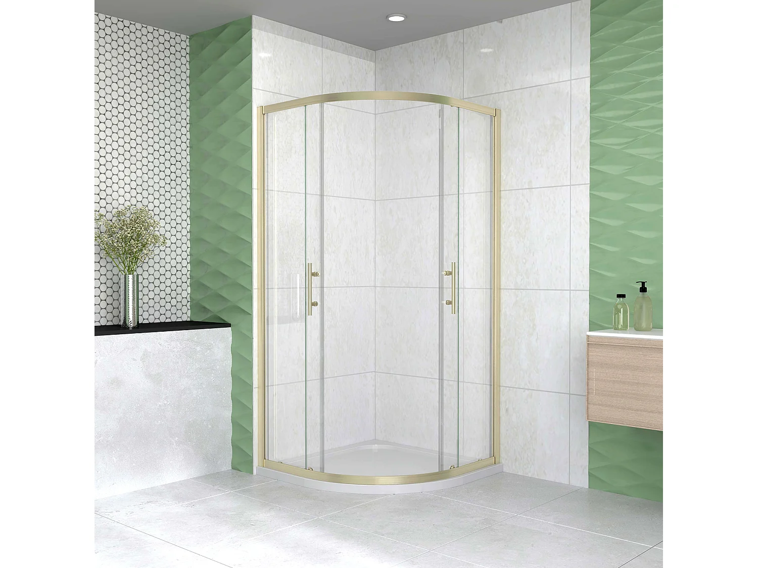 Box Doccia Semicircolare 90X90 cm Porte Scorrevoli Vetro Temperato 6 mm Trasparente Anticalcare Oro Spazzolato 190 cm