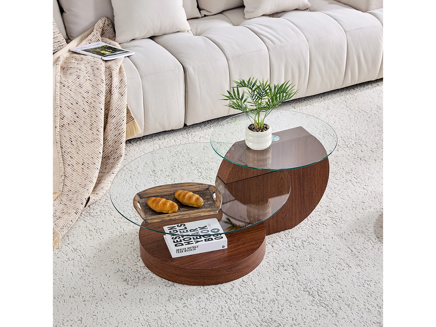 Mesa de centro minimalista de cristal de 2 niveles - Acabado madera marrón