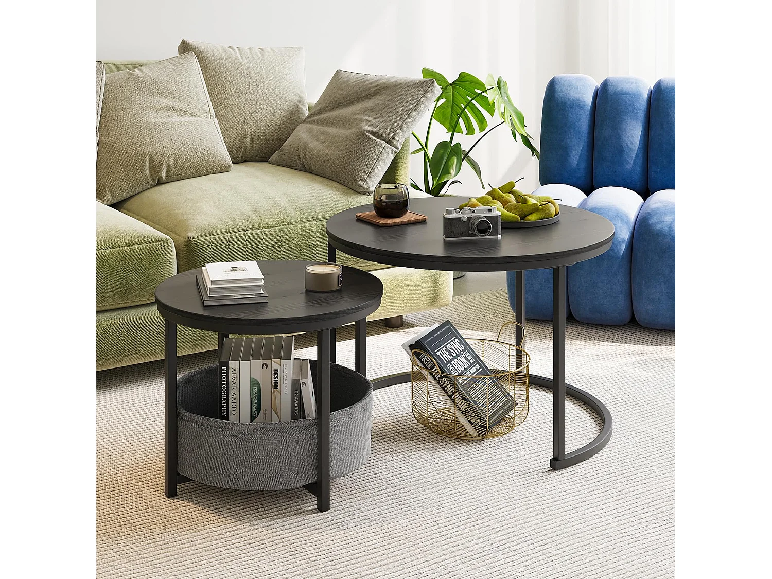 Lot de 2 tables basses gigognes rondes, métal noir et bois, avec rangement, design industriel