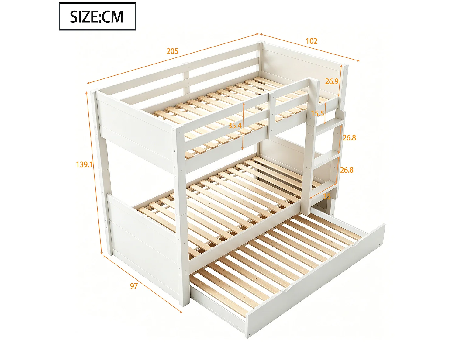 Kinderstapelbed 90x200 cm met uitschuifbed 90x190 cm, om te bouwen tot een eenpersoonsbed - Wit