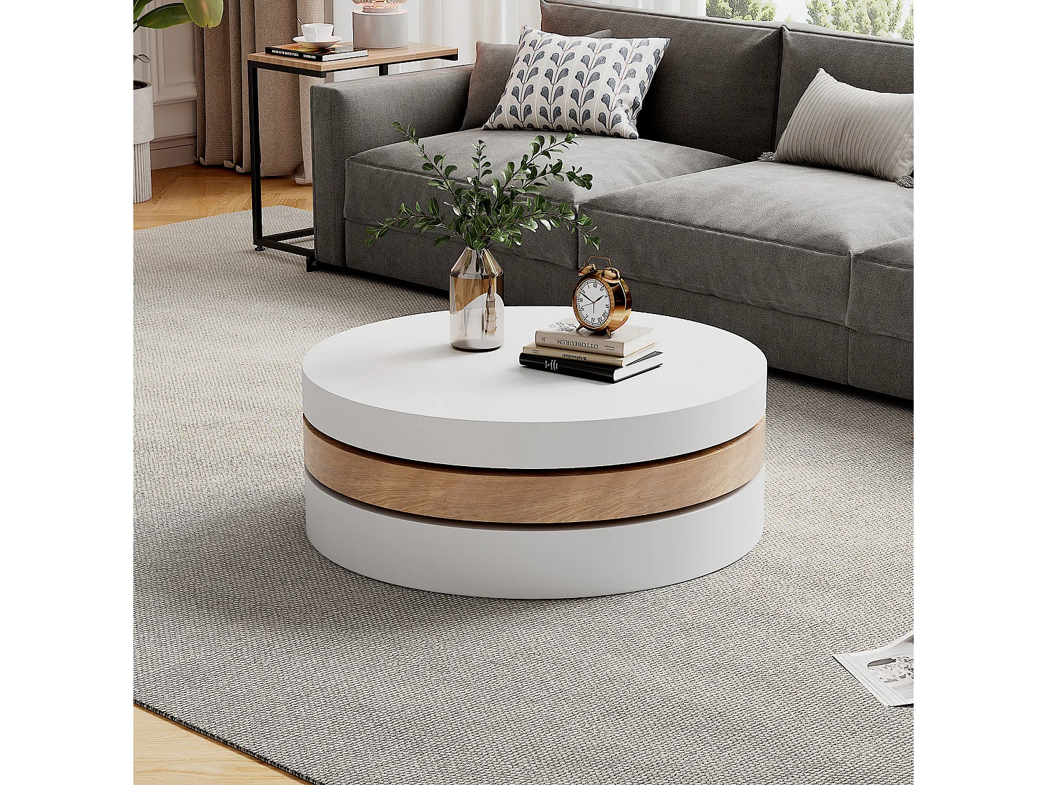 Ronde, 360° draaibare salontafel, 60 cm, wit en hout, met opbergruimte