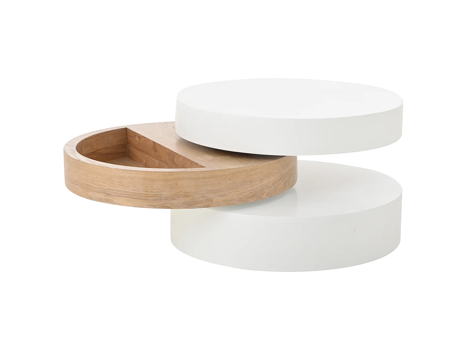 Ronde, 360° draaibare salontafel, 60 cm, wit en hout, met opbergruimte