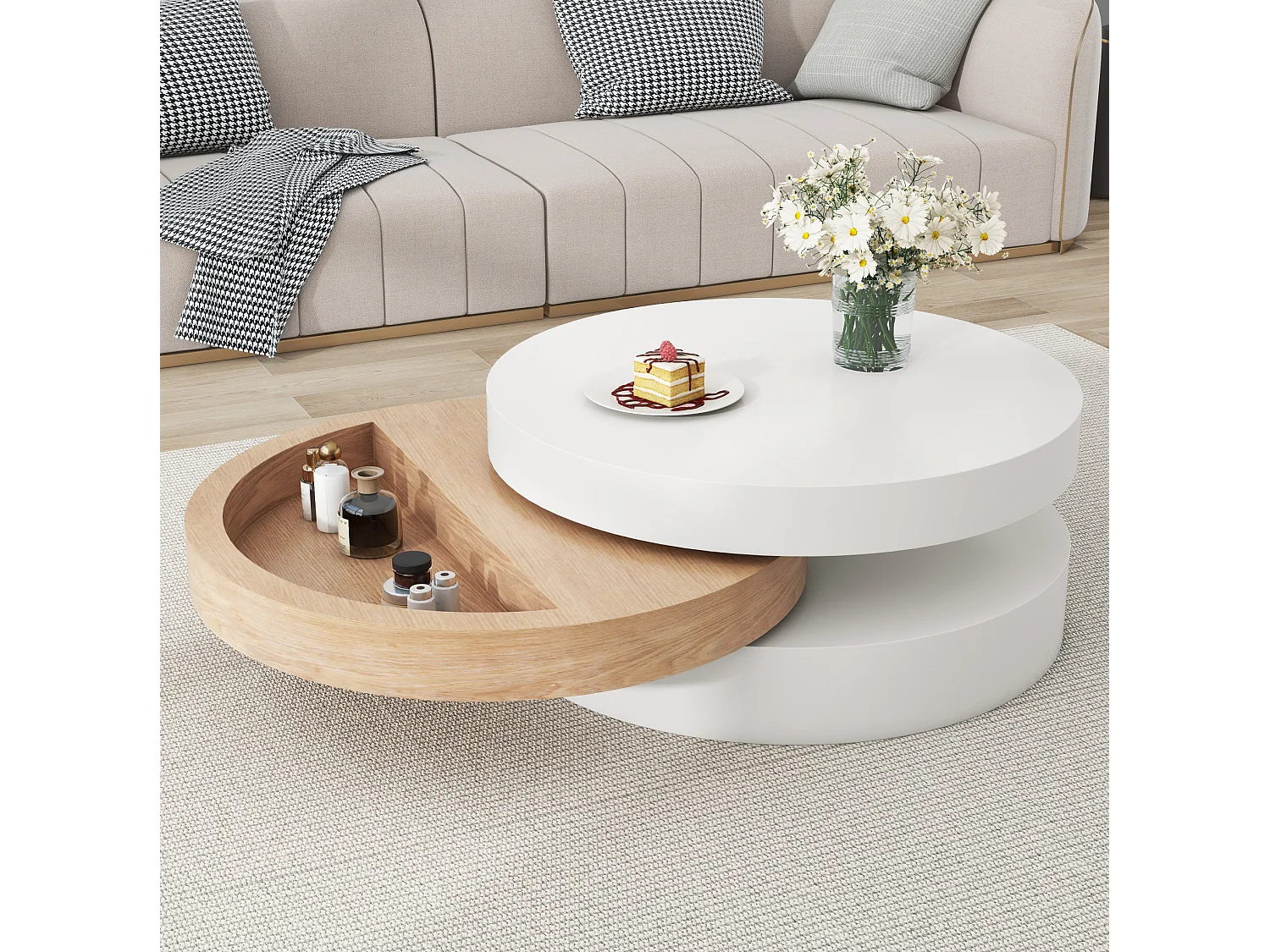 Ronde, 360° draaibare salontafel, 60 cm, wit en hout, met opbergruimte