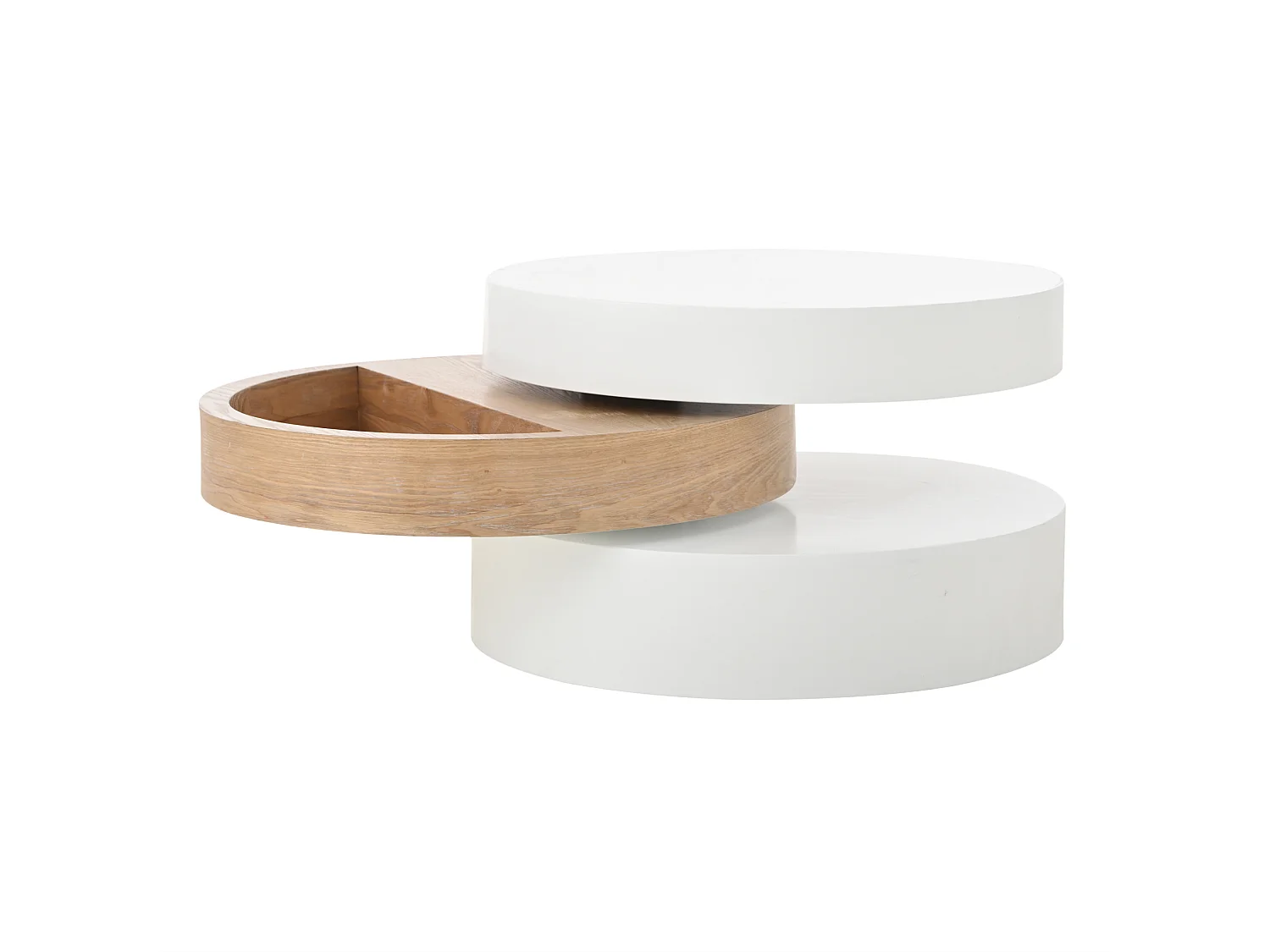 Ronde, 360° draaibare salontafel, 60 cm, wit en hout, met opbergruimte