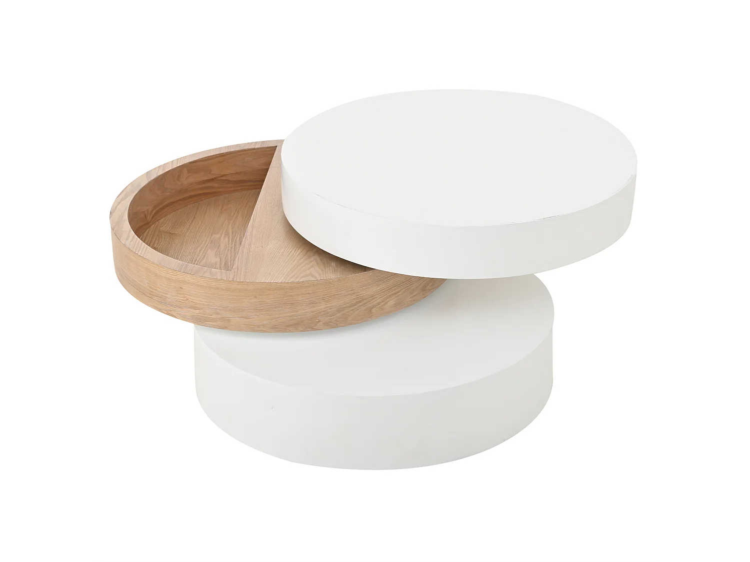 Ronde, 360° draaibare salontafel, 60 cm, wit en hout, met opbergruimte
