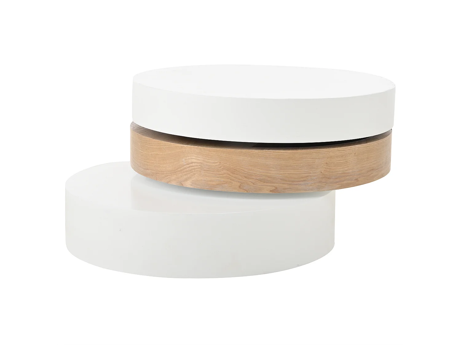Ronde, 360° draaibare salontafel, 60 cm, wit en hout, met opbergruimte