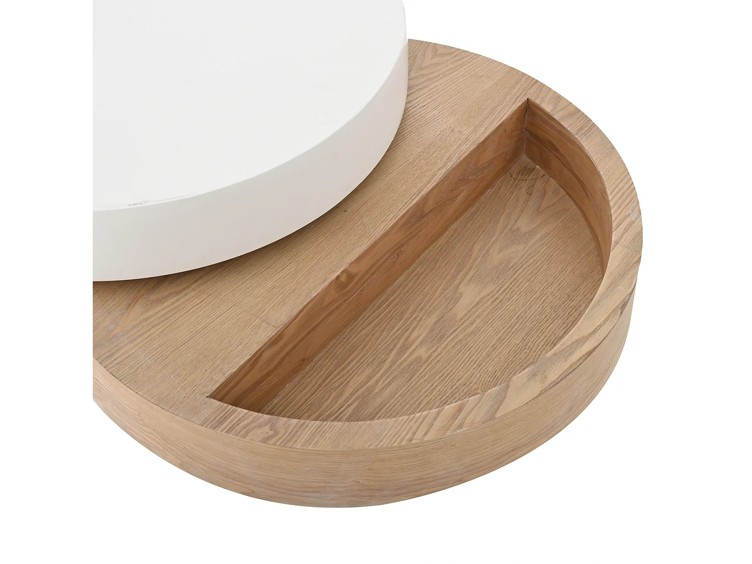 Ronde, 360° draaibare salontafel, 60 cm, wit en hout, met opbergruimte