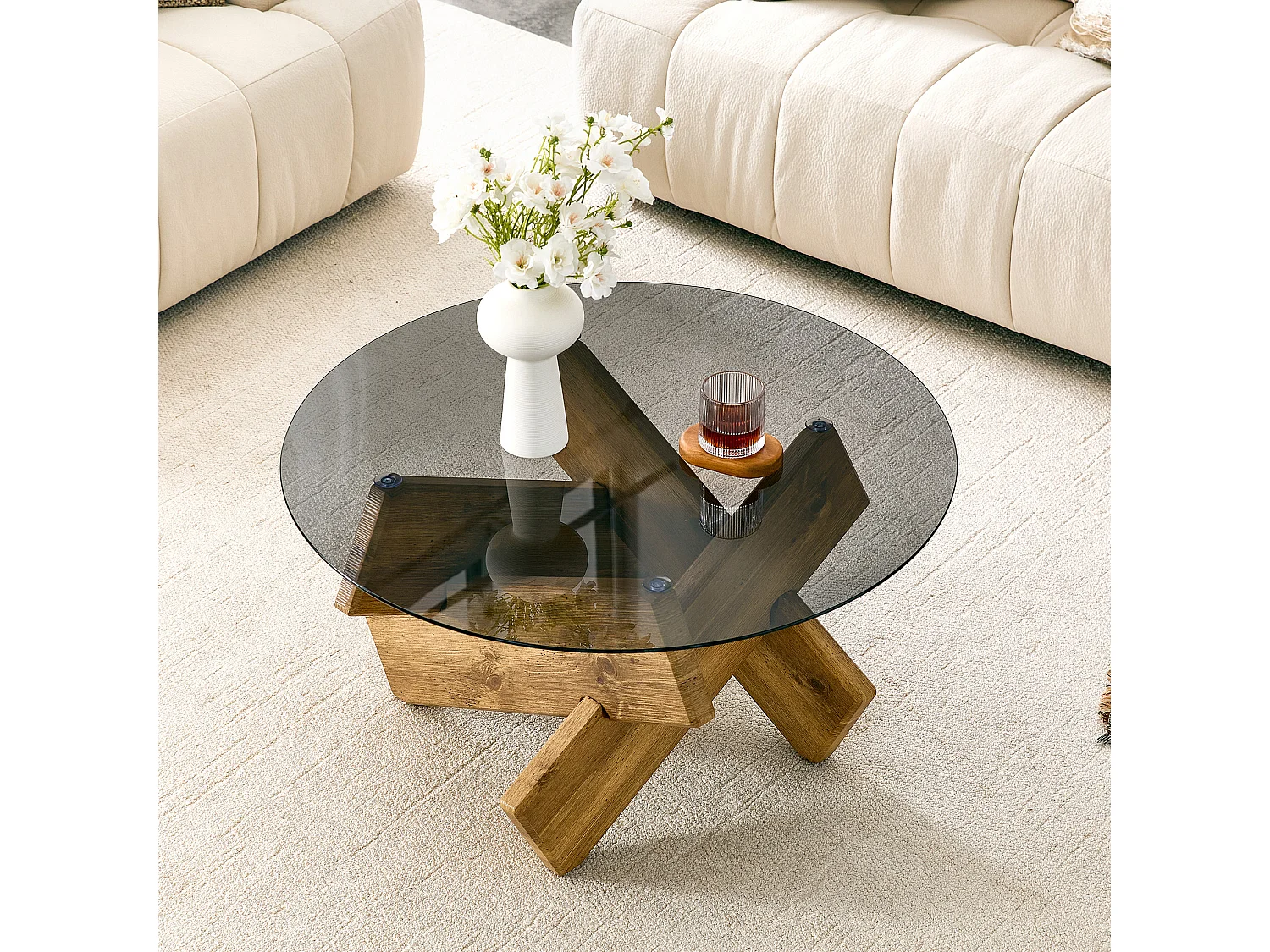 Ronde salontafel 79 cm in houtkleur - MDF en glas - Modern design