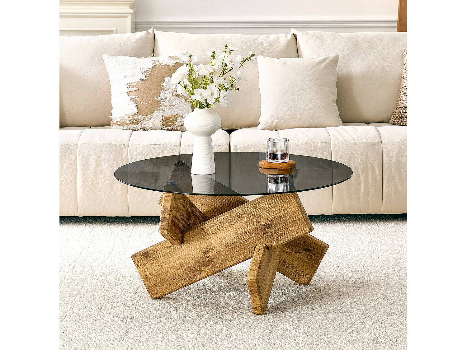 Ronde salontafel 79 cm in houtkleur - MDF en glas - Modern design