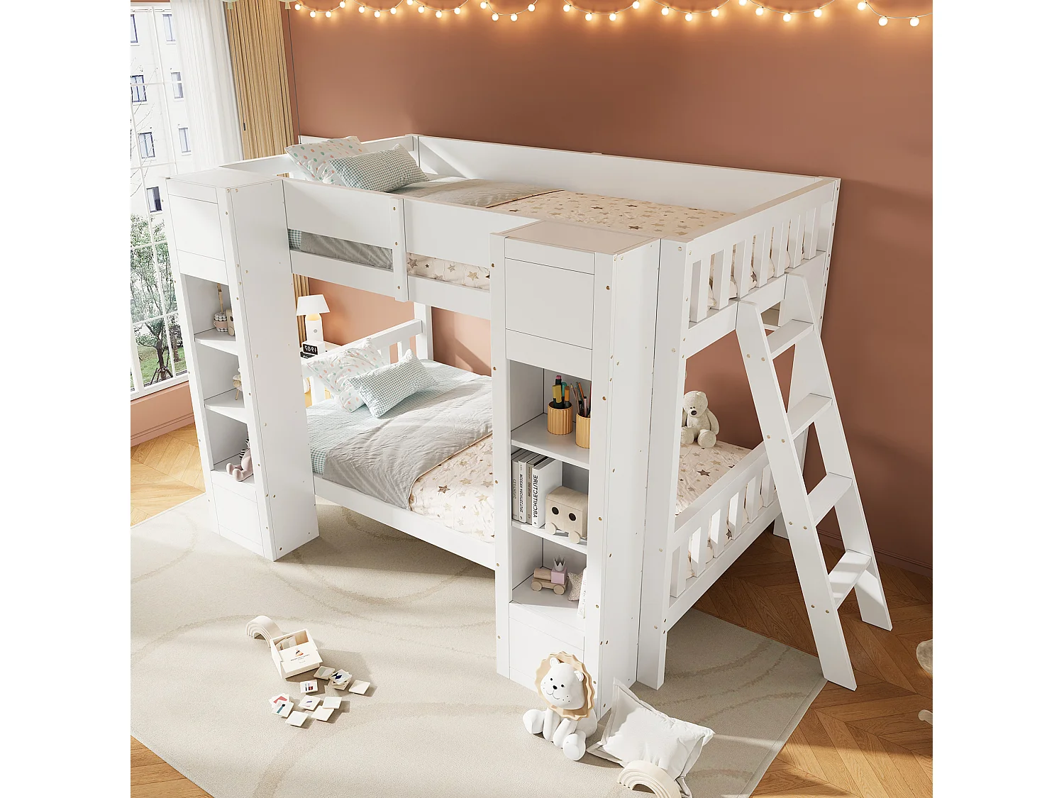 Lit superposé enfant 90 x 200 cm avec 2 placards et échelle - Blanc