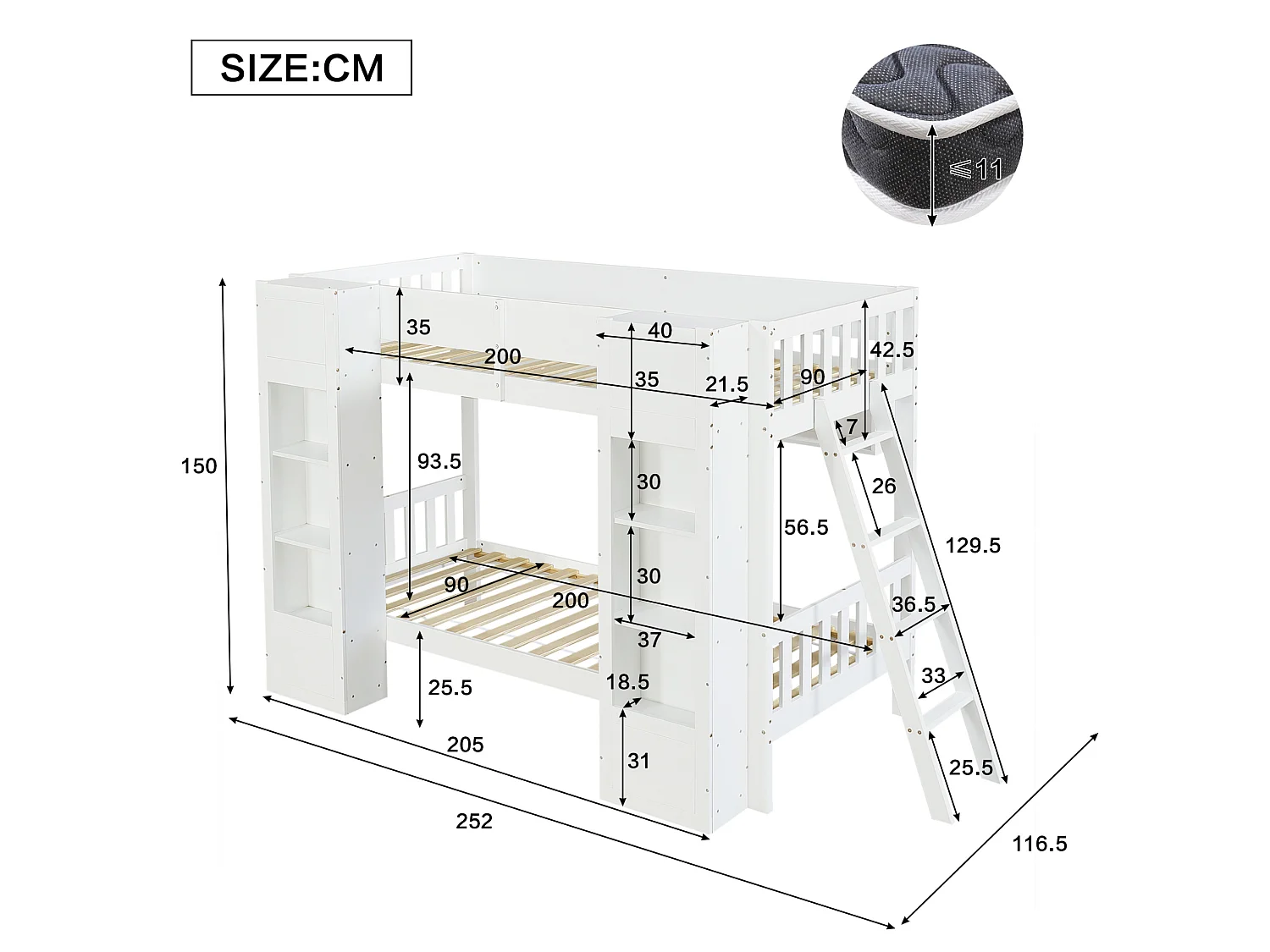 Lit superposé enfant 90 x 200 cm avec 2 placards et échelle - Blanc