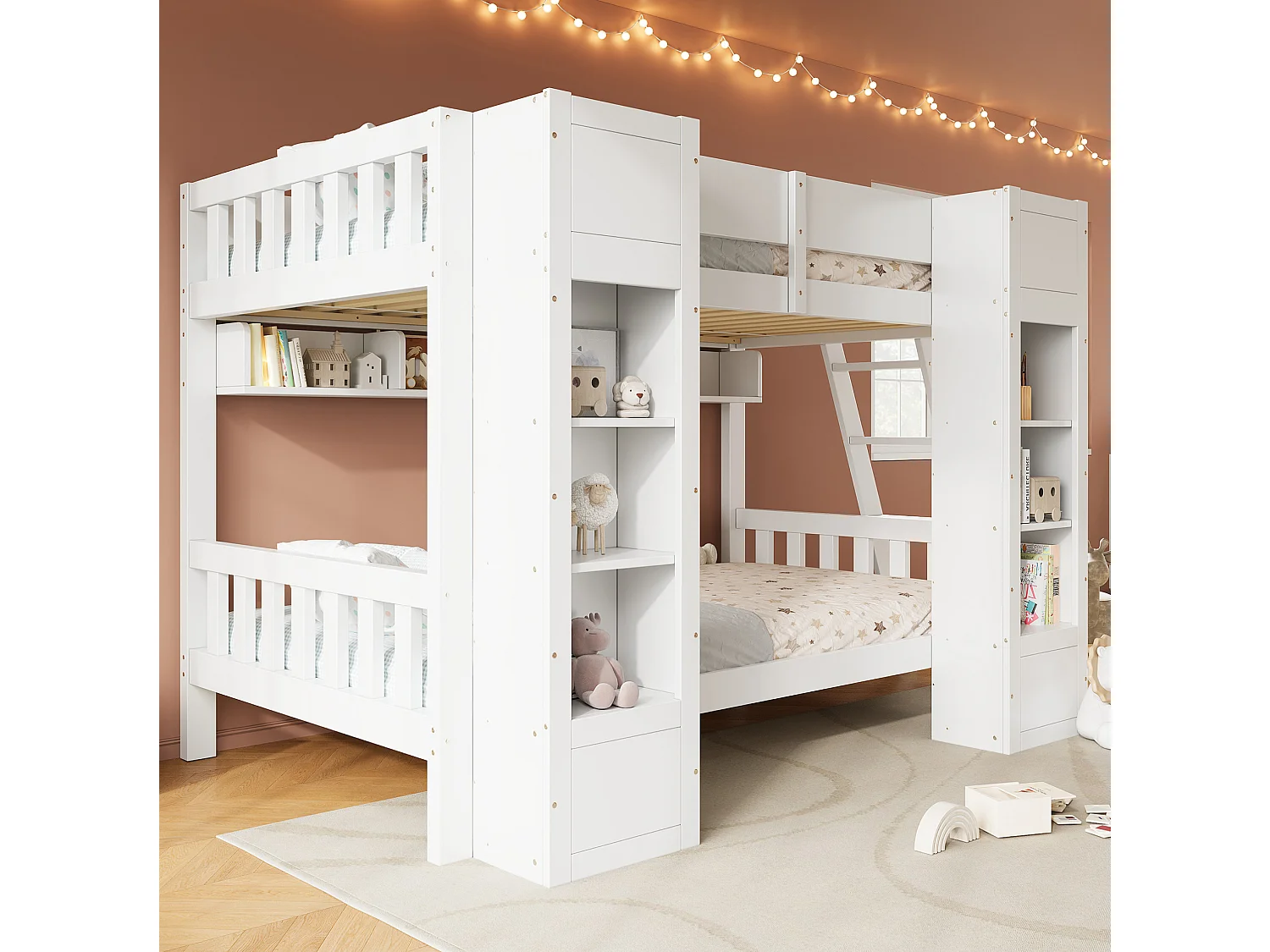Lit superposé enfant 90 x 200 cm avec 2 placards et échelle - Blanc