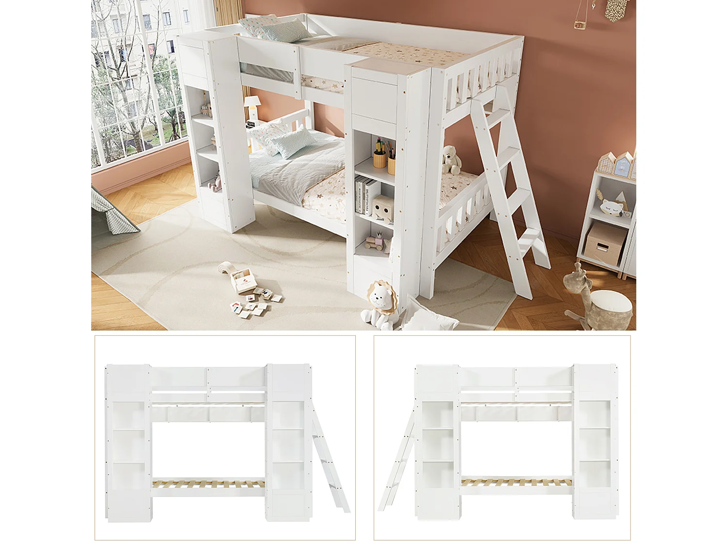 Lit superposé enfant 90 x 200 cm avec 2 placards et échelle - Blanc