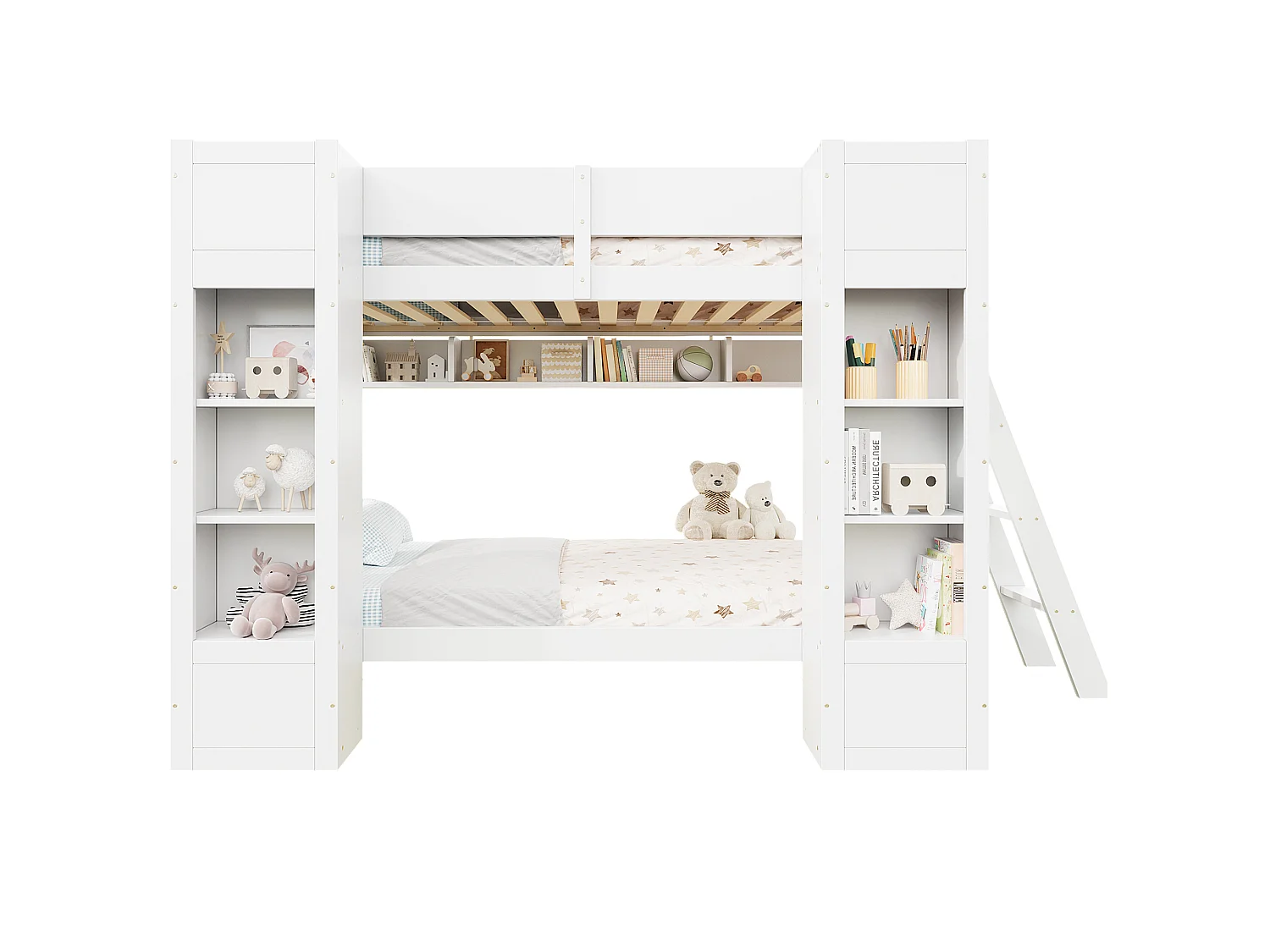 Lit superposé enfant 90 x 200 cm avec 2 placards et échelle - Blanc