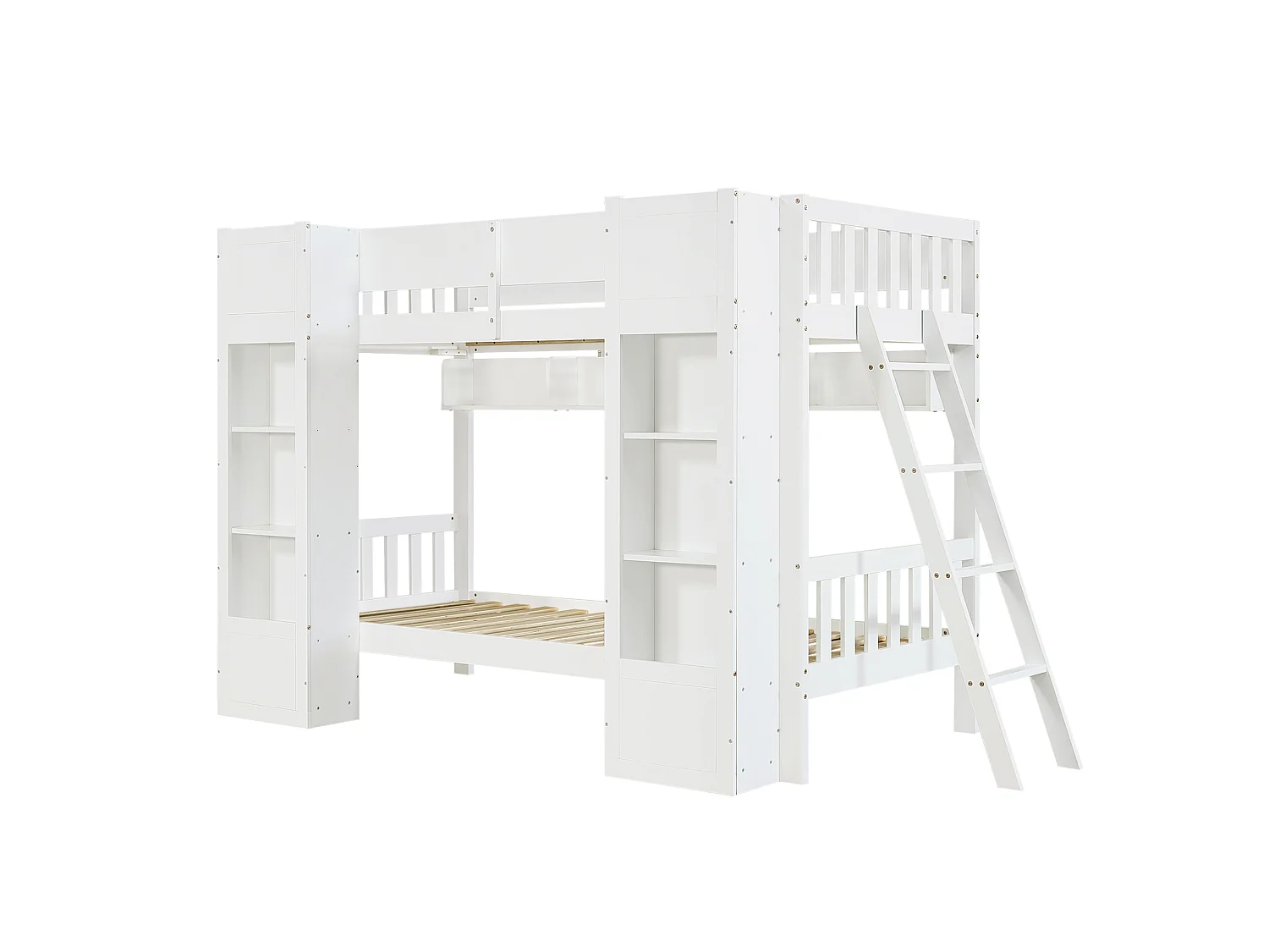 Lit superposé enfant 90 x 200 cm avec 2 placards et échelle - Blanc