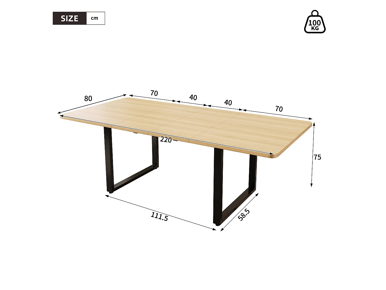 Table à manger extensible 140/180/220x80cm pour 6-10 personnes - Naturel clair