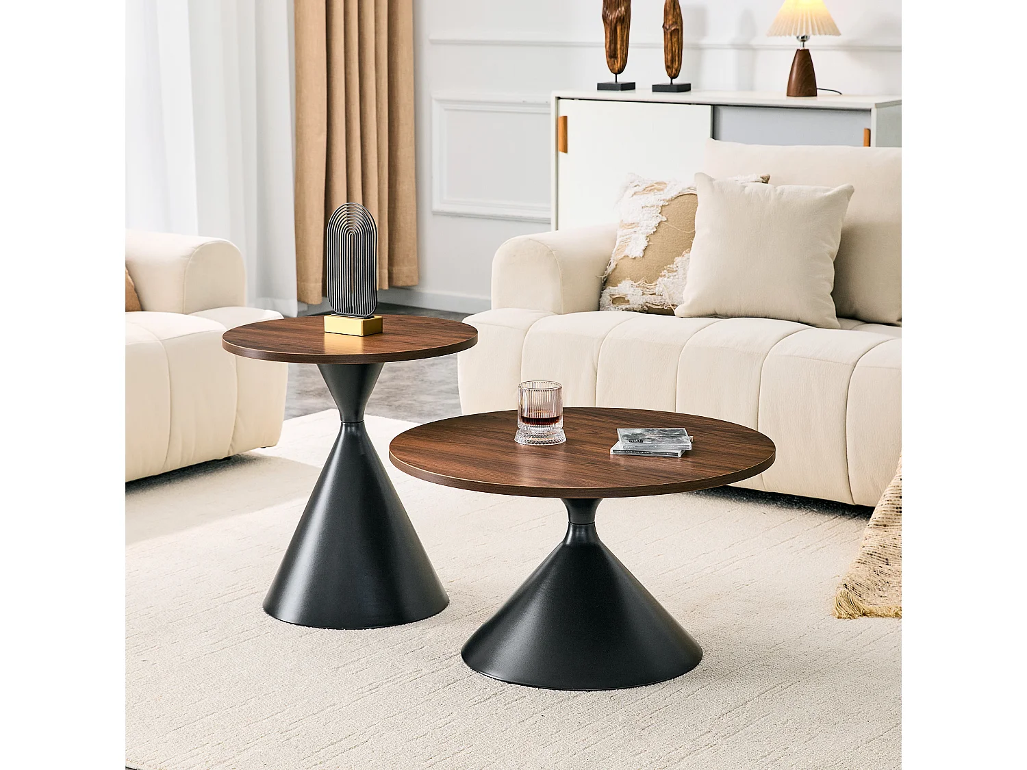 Lot de 2 table basse ronde avec piètement en métal noir - Marron