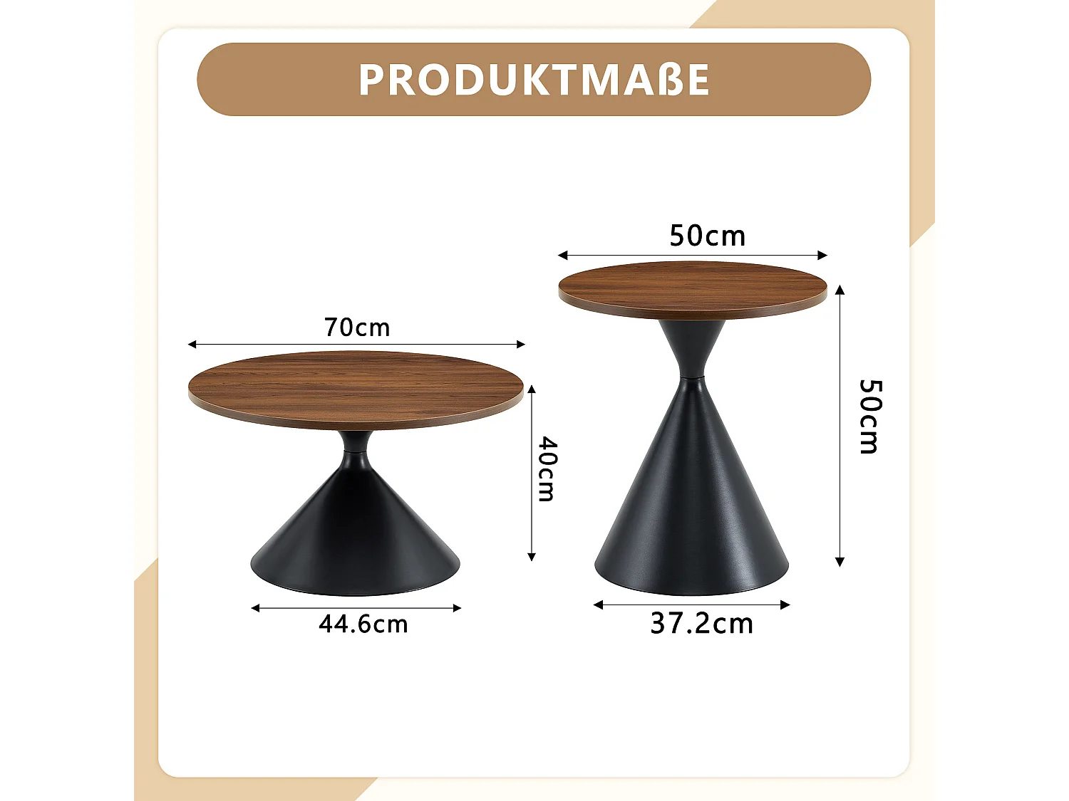 Lot de 2 table basse ronde avec piètement en métal noir - Marron