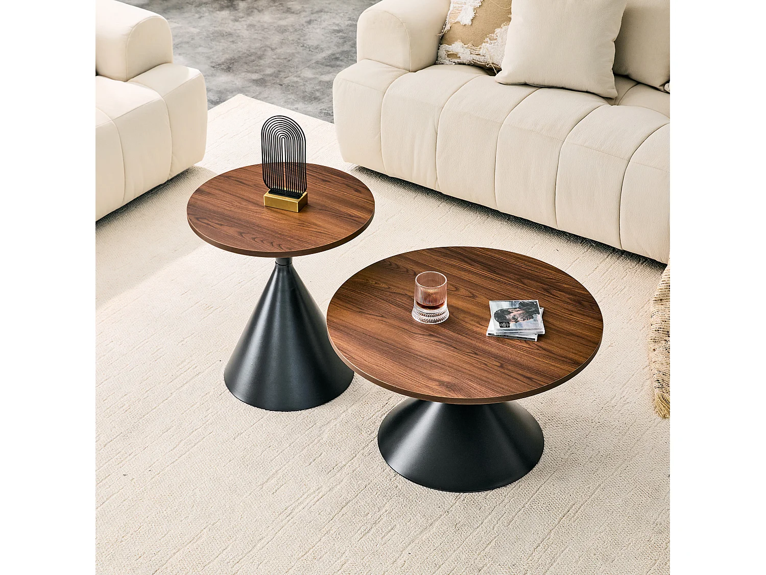 Lot de 2 table basse ronde avec piètement en métal noir - Marron