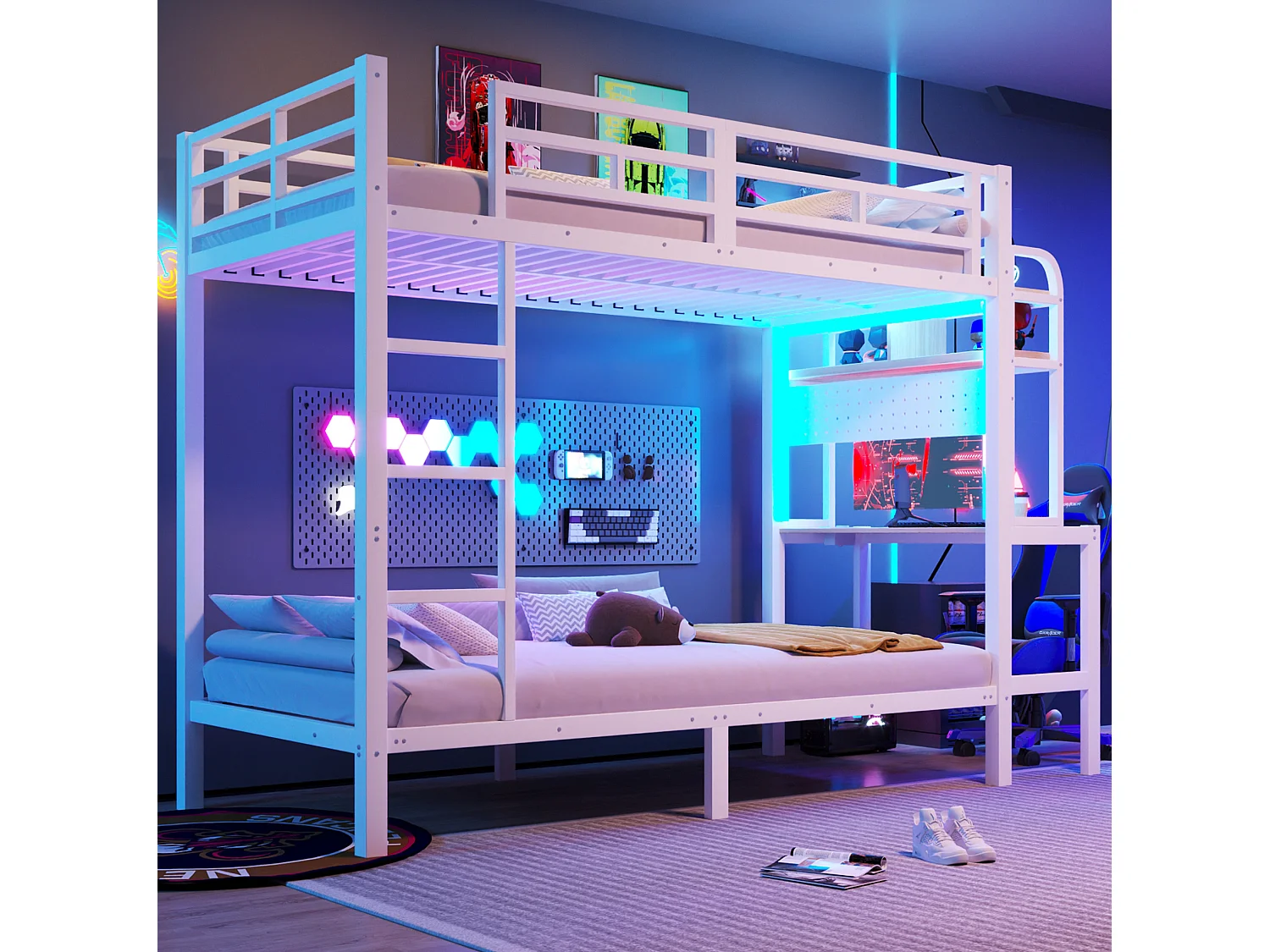 Lit superposé enfant 90x200 cm avec bureau, LED et USB - Blanc - Métal et bois