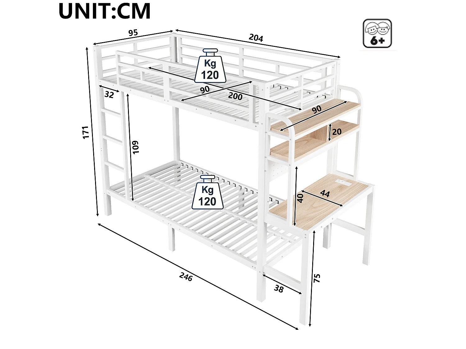 Lit superposé enfant 90x200 cm avec bureau, LED et USB - Blanc - Métal et bois