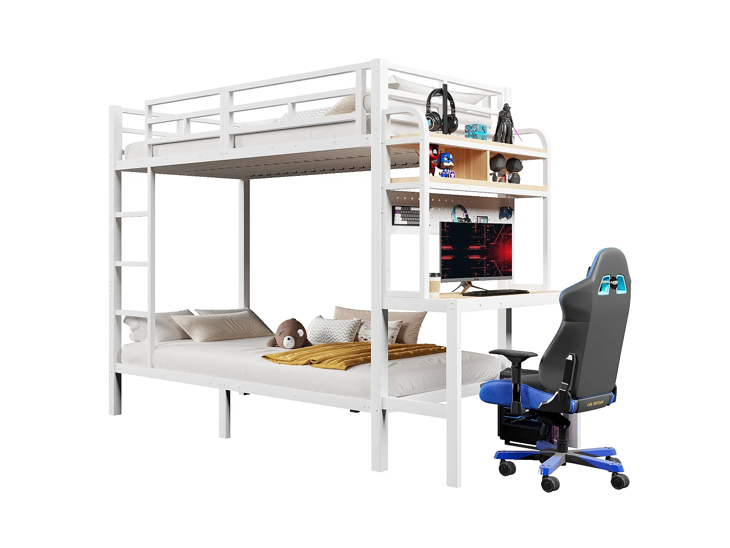 Lit superposé enfant 90x200 cm avec bureau, LED et USB - Blanc - Métal et bois