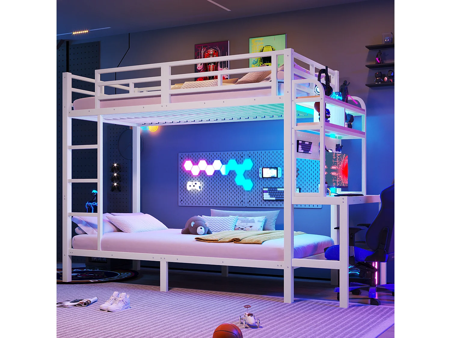 Lit superposé enfant 90x200 cm avec bureau, LED et USB - Blanc - Métal et bois