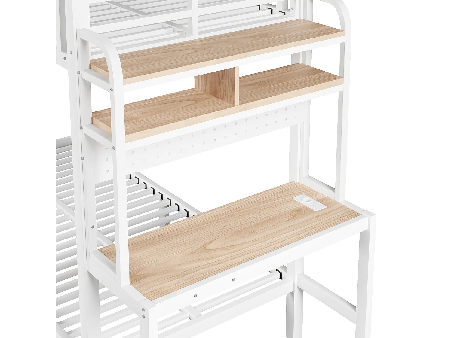 Lit superposé enfant 90x200 cm avec bureau, LED et USB - Blanc - Métal et bois