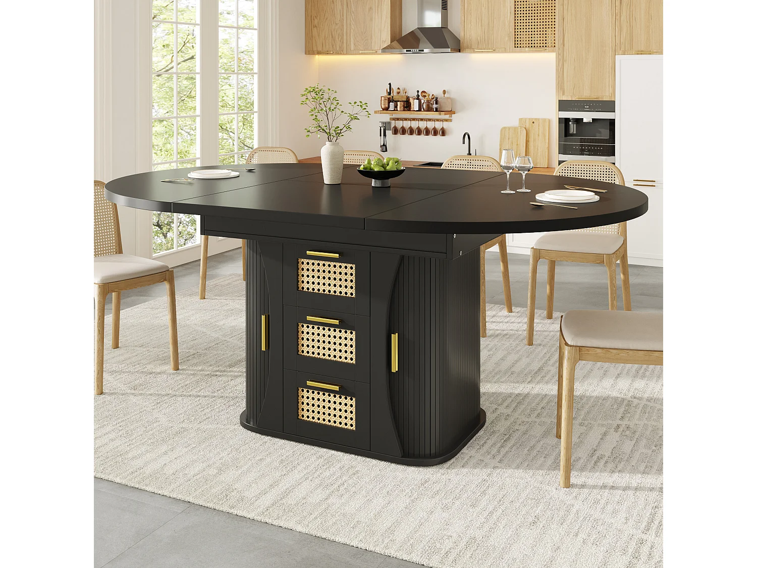 Tavolo da pranzo allungabile 118-158x118 cm con 2 cassetti e ante effetto rattan - Nero