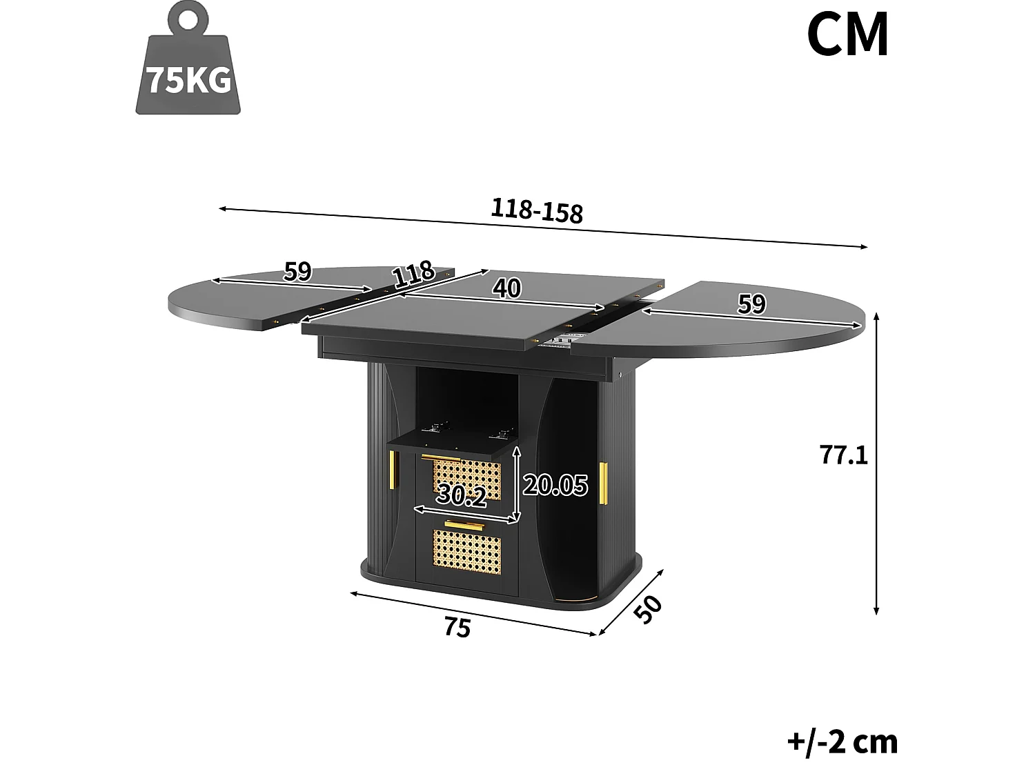 Tavolo da pranzo allungabile 118-158x118 cm con 2 cassetti e ante effetto rattan - Nero