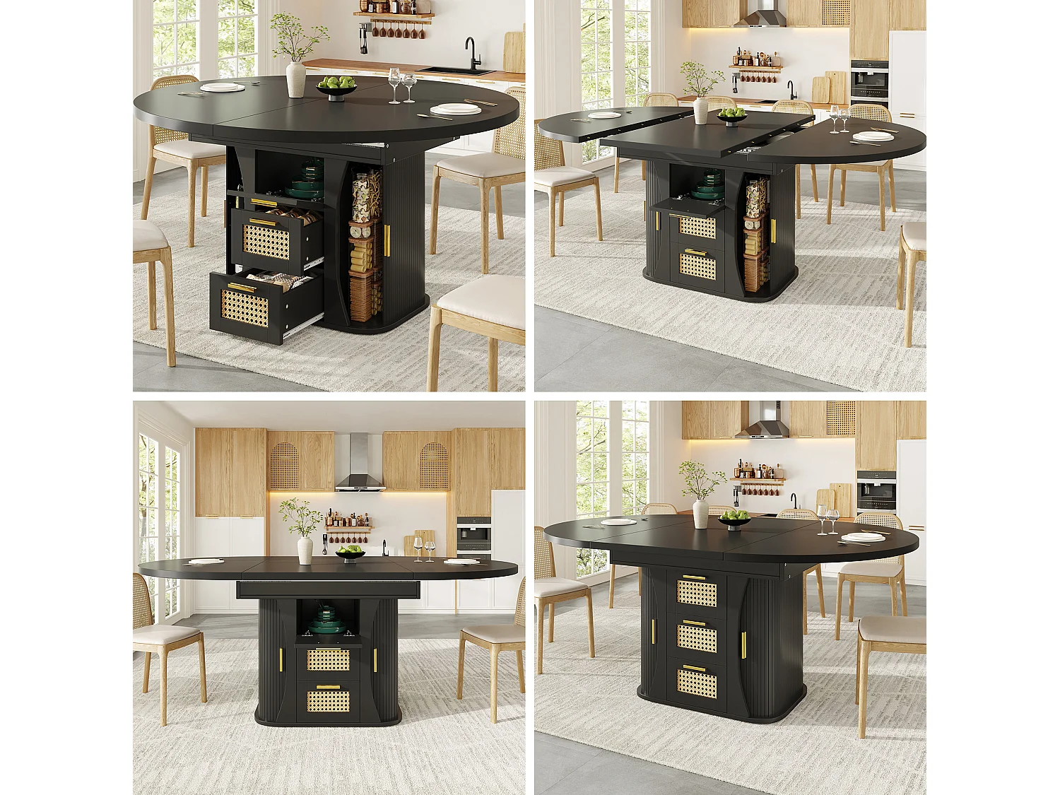 Tavolo da pranzo allungabile 118-158x118 cm con 2 cassetti e ante effetto rattan - Nero