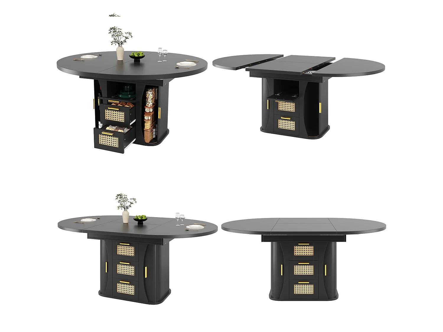 Tavolo da pranzo allungabile 118-158x118 cm con 2 cassetti e ante effetto rattan - Nero