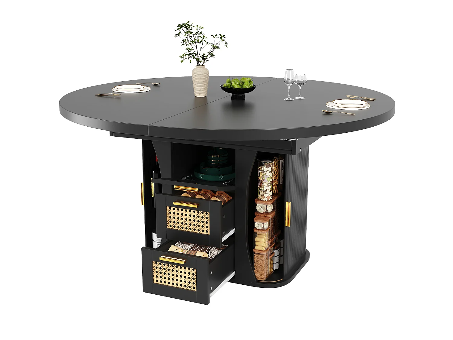 Tavolo da pranzo allungabile 118-158x118 cm con 2 cassetti e ante effetto rattan - Nero