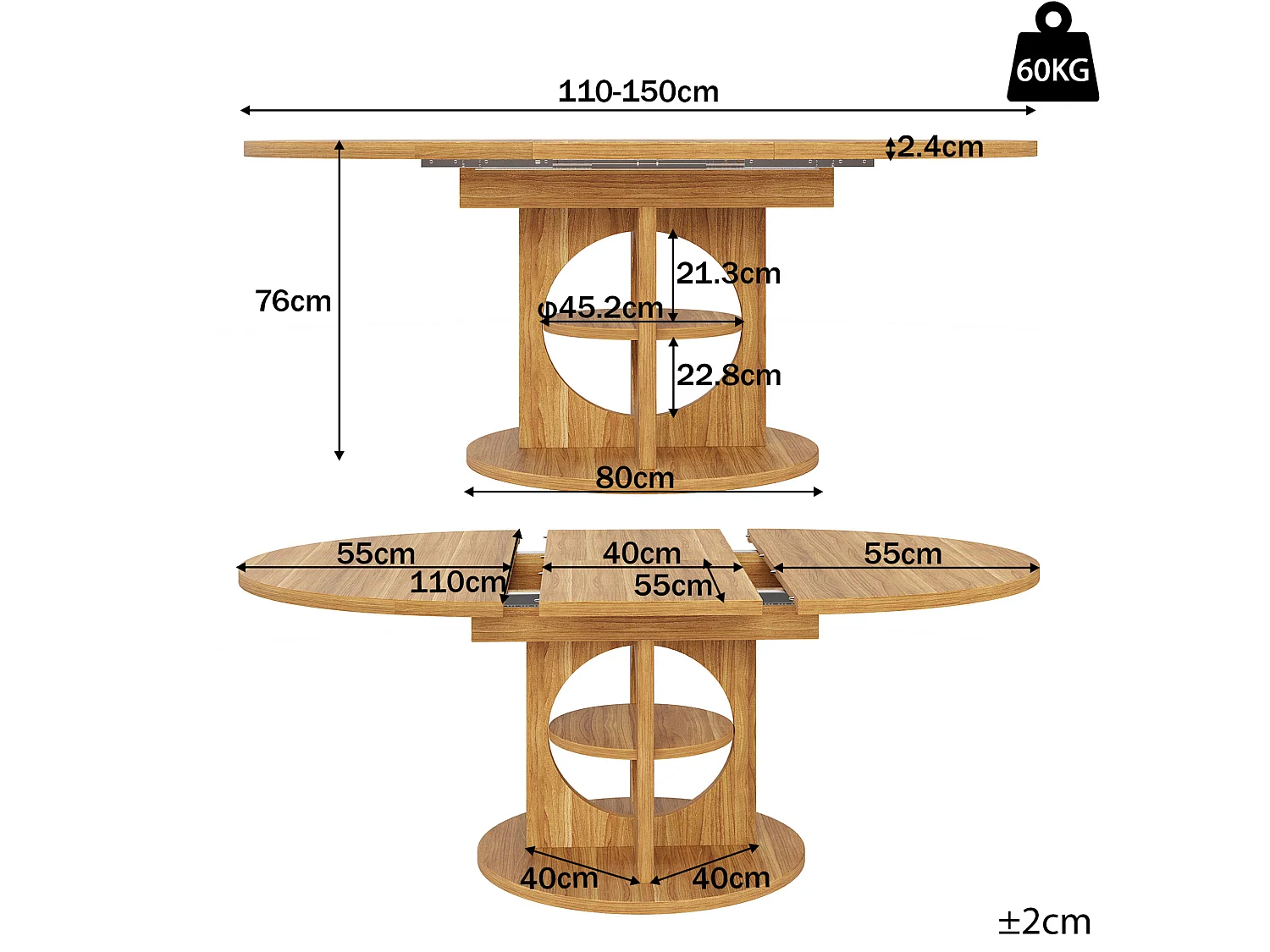 Table à manger extensible 110-150 x 110 cm avec rangement - Couleur bois
