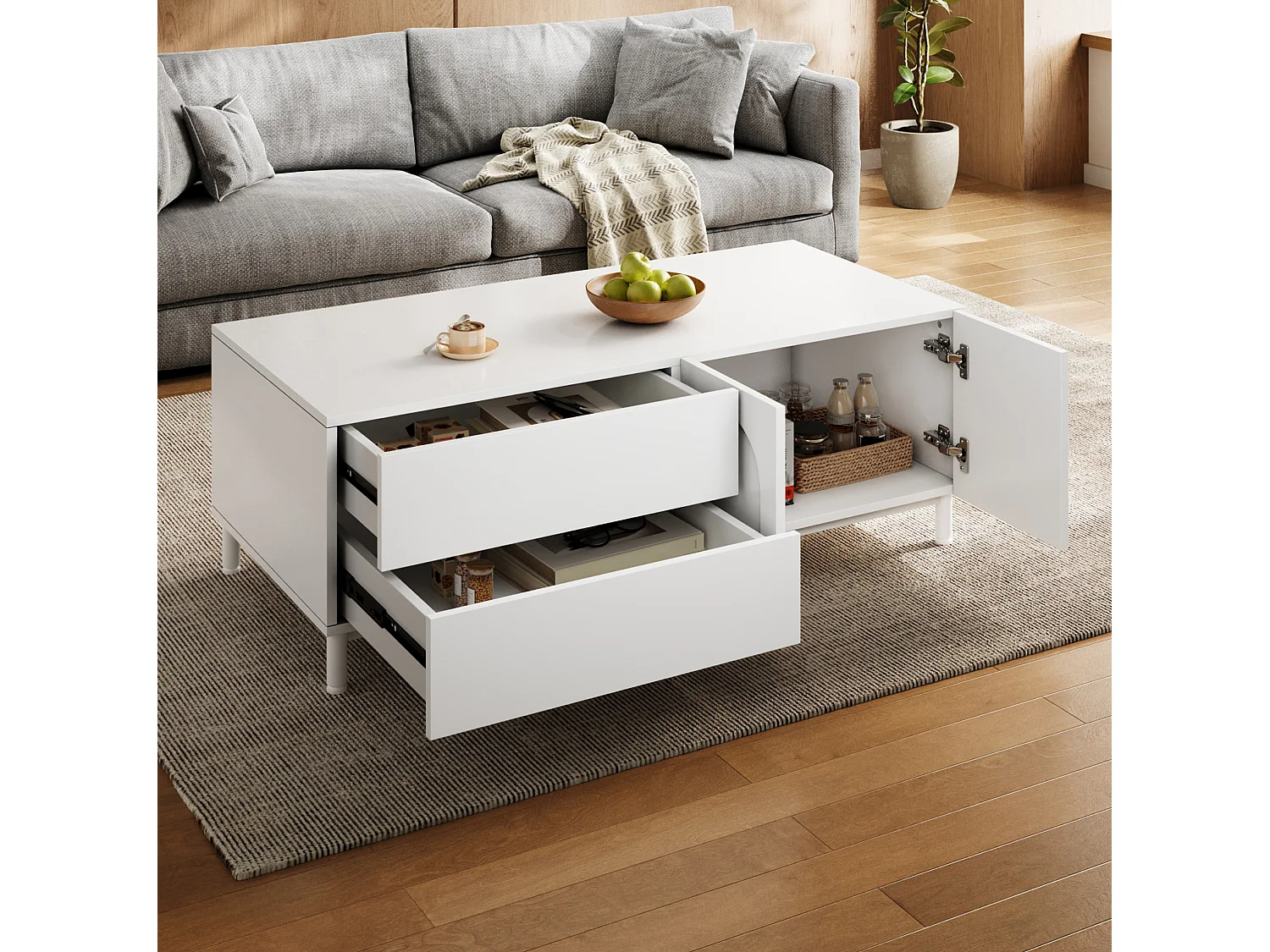 Table basse 100x50 cm blanche avec 2 tiroirs et 2 portes