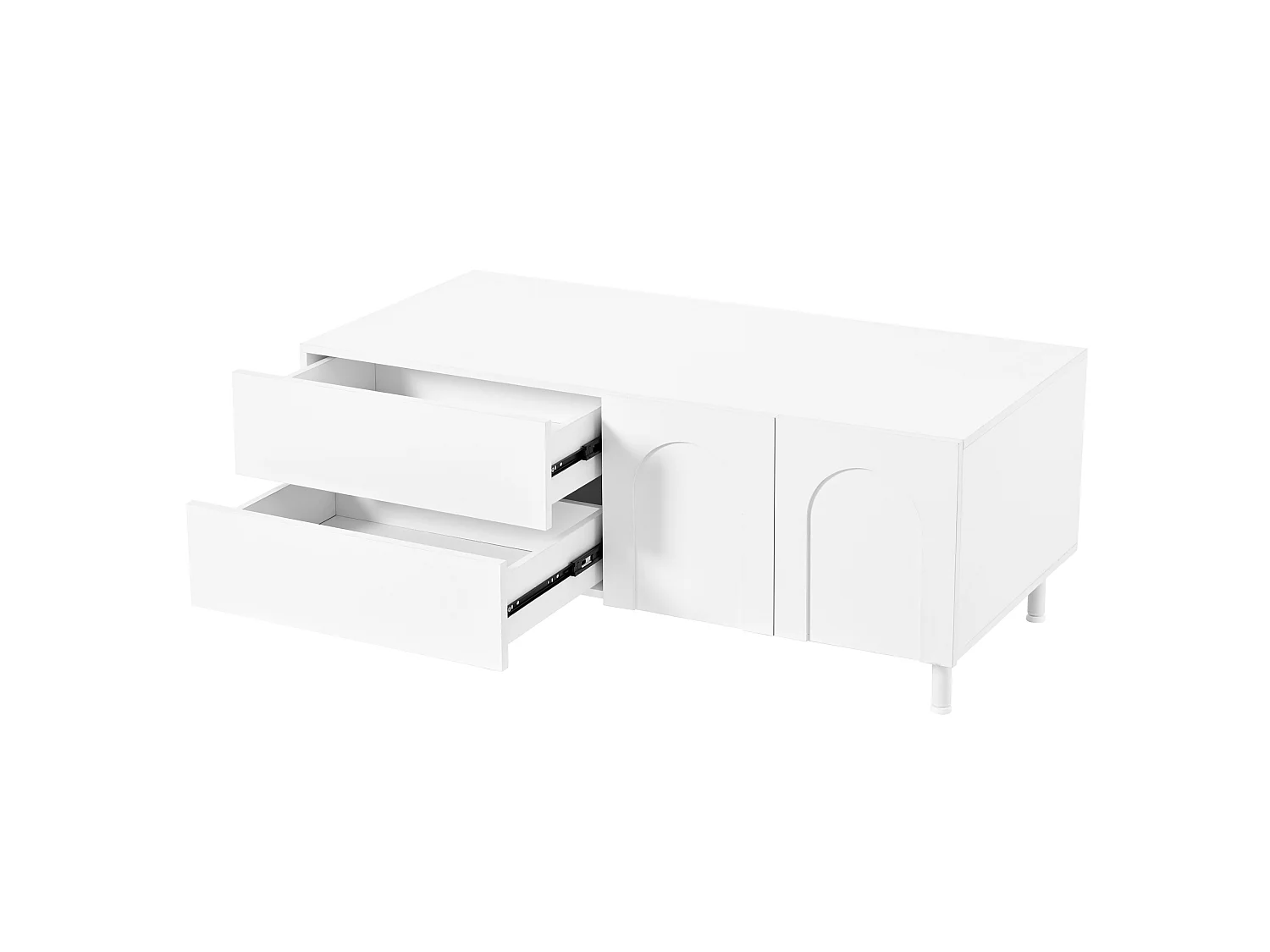Table basse 100x50 cm blanche avec 2 tiroirs et 2 portes