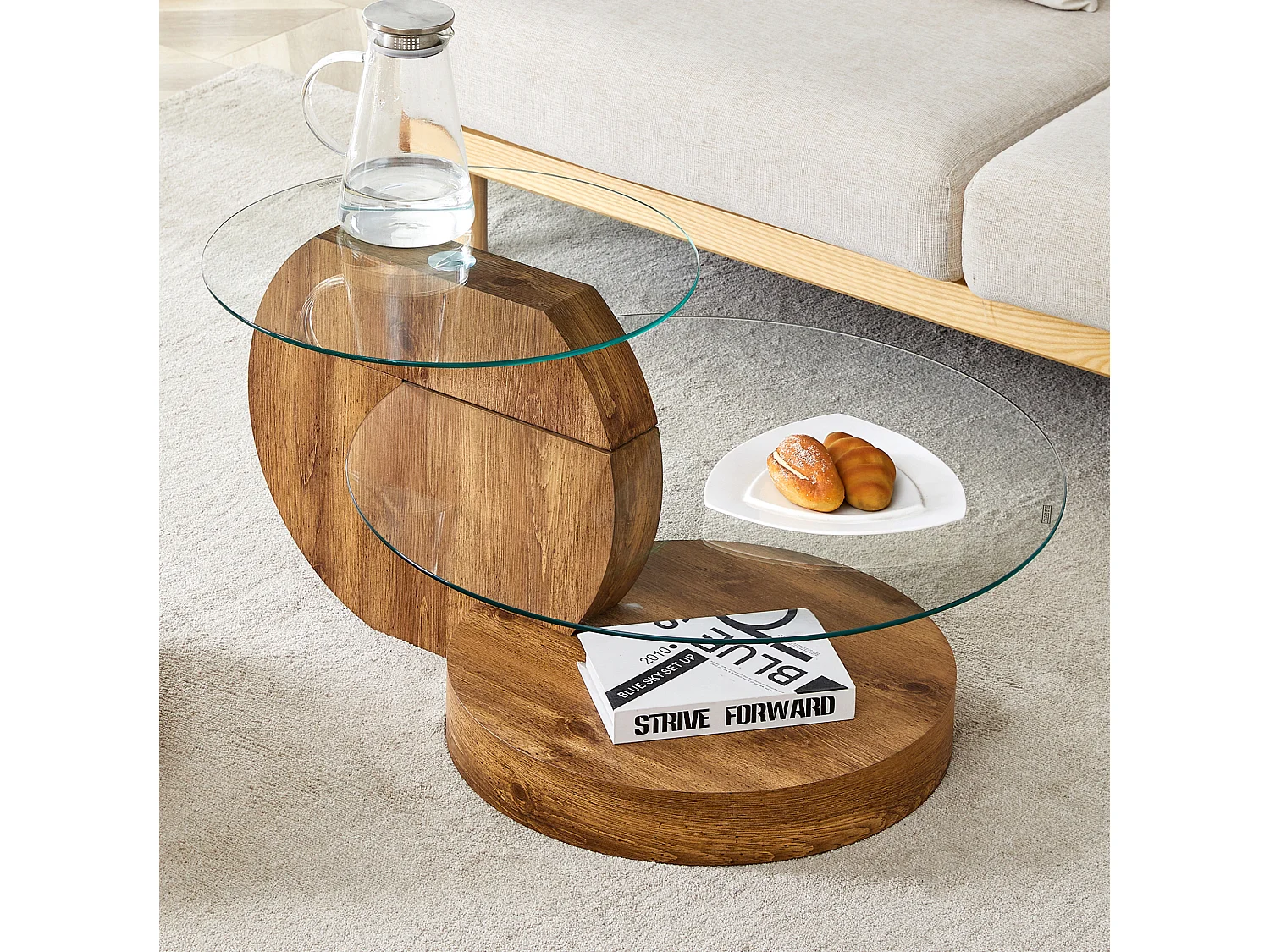 Mesa de centro minimalista de cristal de 2 niveles - Color madera