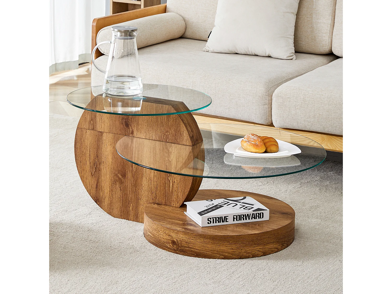 Mesa de centro minimalista de cristal de 2 niveles - Color madera