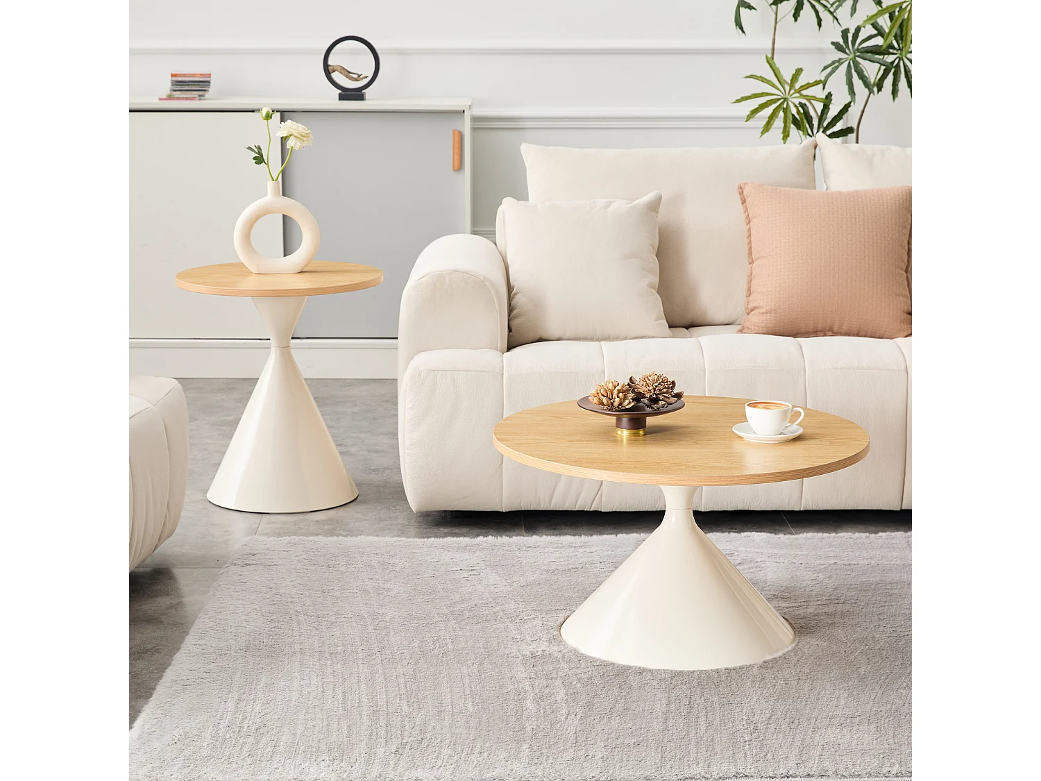 Set di 2 tavolini, 70 cm e 50 cm, con gambe in metallo color crema - Naturale chiaro