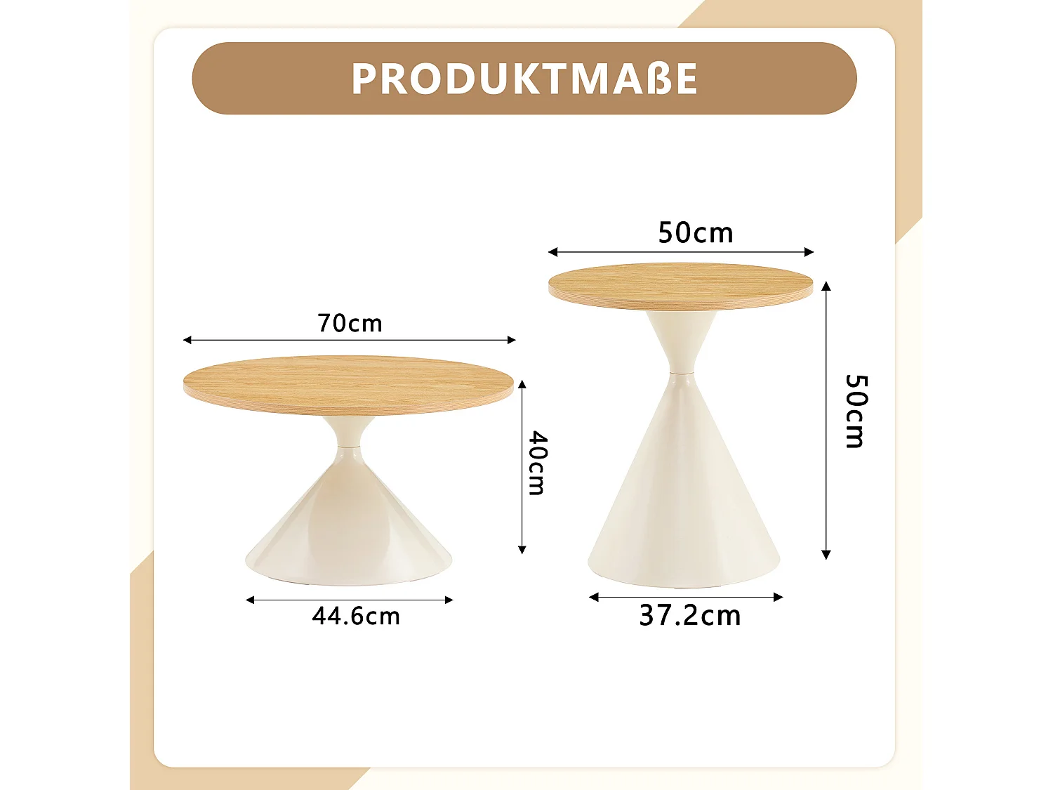 Set di 2 tavolini, 70 cm e 50 cm, con gambe in metallo color crema - Naturale chiaro