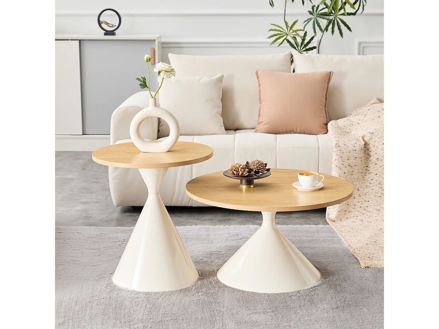 Set di 2 tavolini, 70 cm e 50 cm, con gambe in metallo color crema - Naturale chiaro